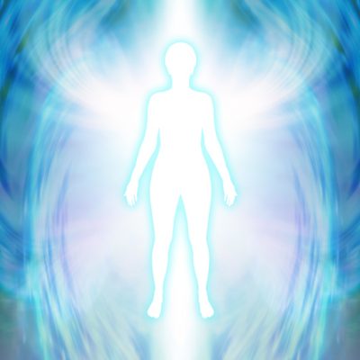 White female silhouette figure with turquoise glow and delicate multi layered blue auric field radiating outwards with white wing-like formation at shoulder level